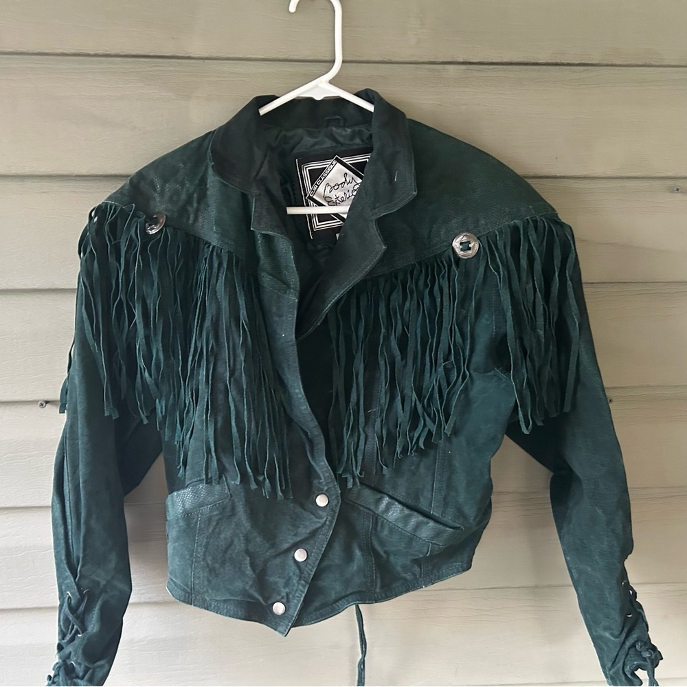 Vintage Army Green Leather Fringe Jacket Body Exteriors Philippines Western - Picture 2 of 16